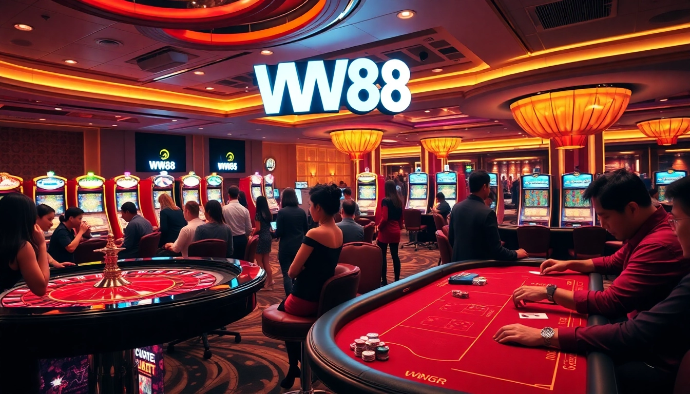 Experience the thrilling atmosphere of WW88 with players enjoying a game of roulette at a luxurious casino.