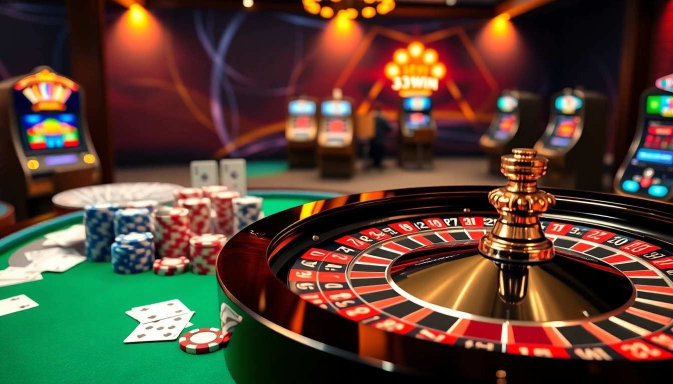 33WIN online casino interface with vibrant roulette wheel and poker chips in an exciting atmosphere.