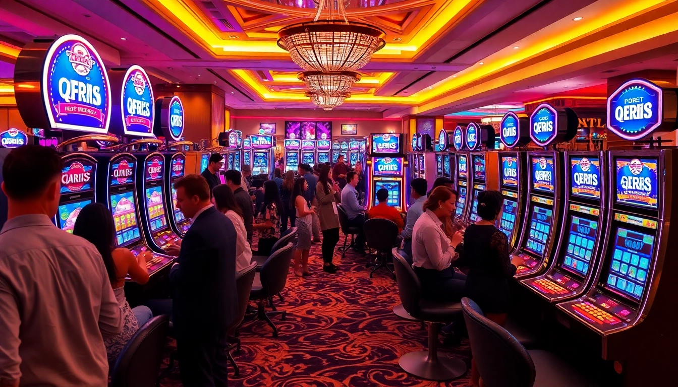 Engaging scene of players using slot qris to deposit cash at vibrant, high-stakes casino tables.