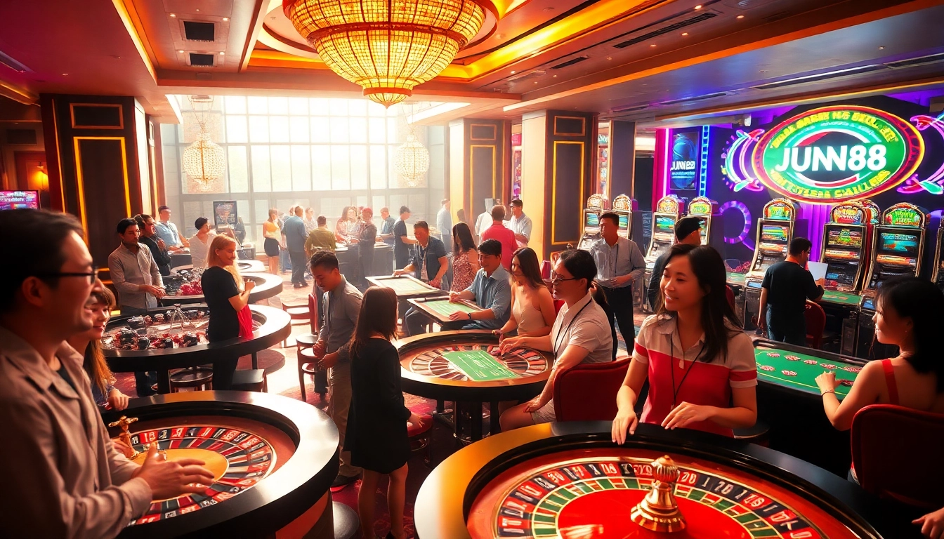 Experience the excitement of JUN88 trang chủ with vibrant casino gaming, colorful tables, and engaging players