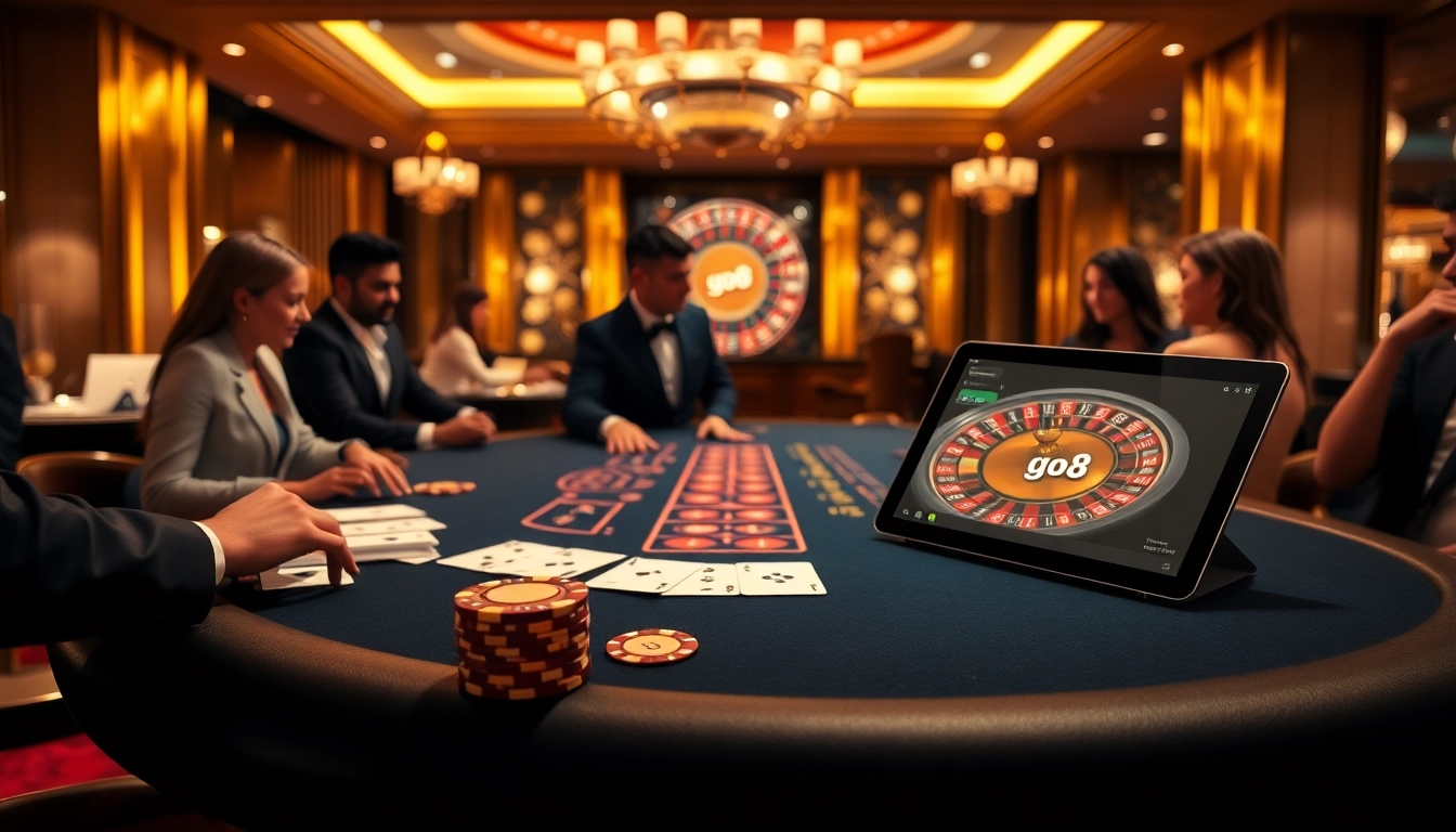 Engaging casino scene highlighting a glamorous blackjack table and go8-themed decor, emphasizing excitement and luxury.