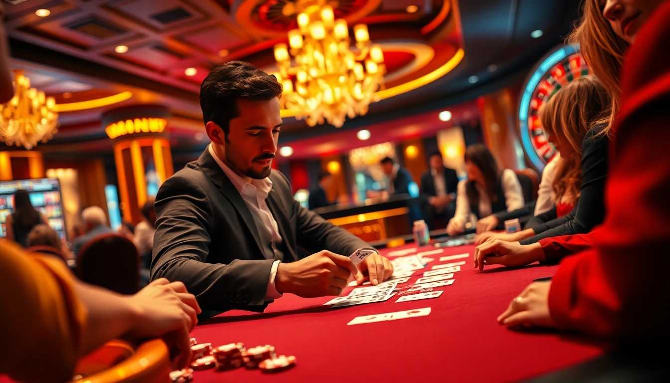 Engage inแทงบอล at a lively casino with vibrant poker tables, dynamic players, and luxurious ambiance.