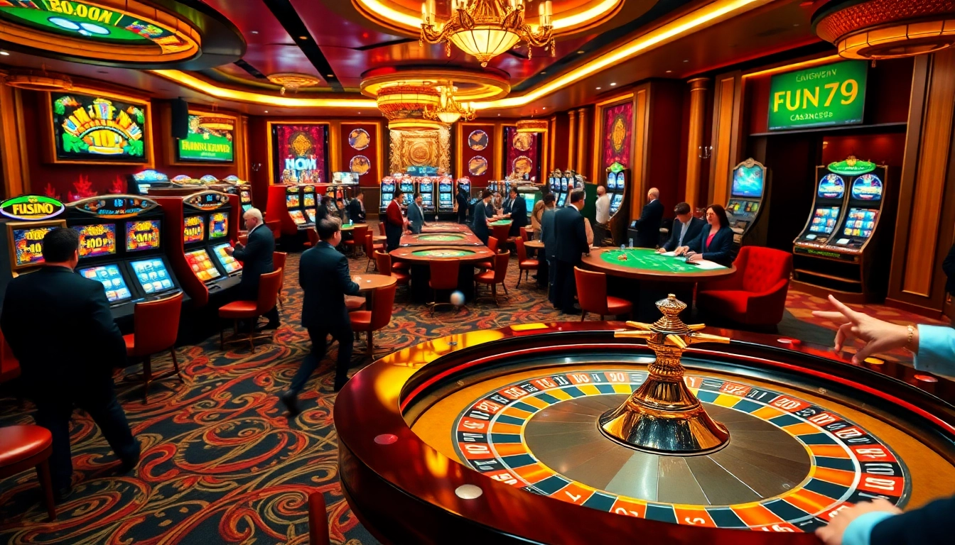 Exciting casino atmosphere with players enjoying fun79 gaming experiences and placing bets.