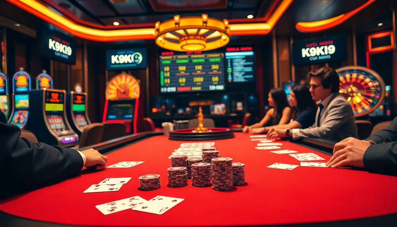 K9K9 poker enthusiasts engage at a luxury casino table, showcasing vibrant gaming elements.