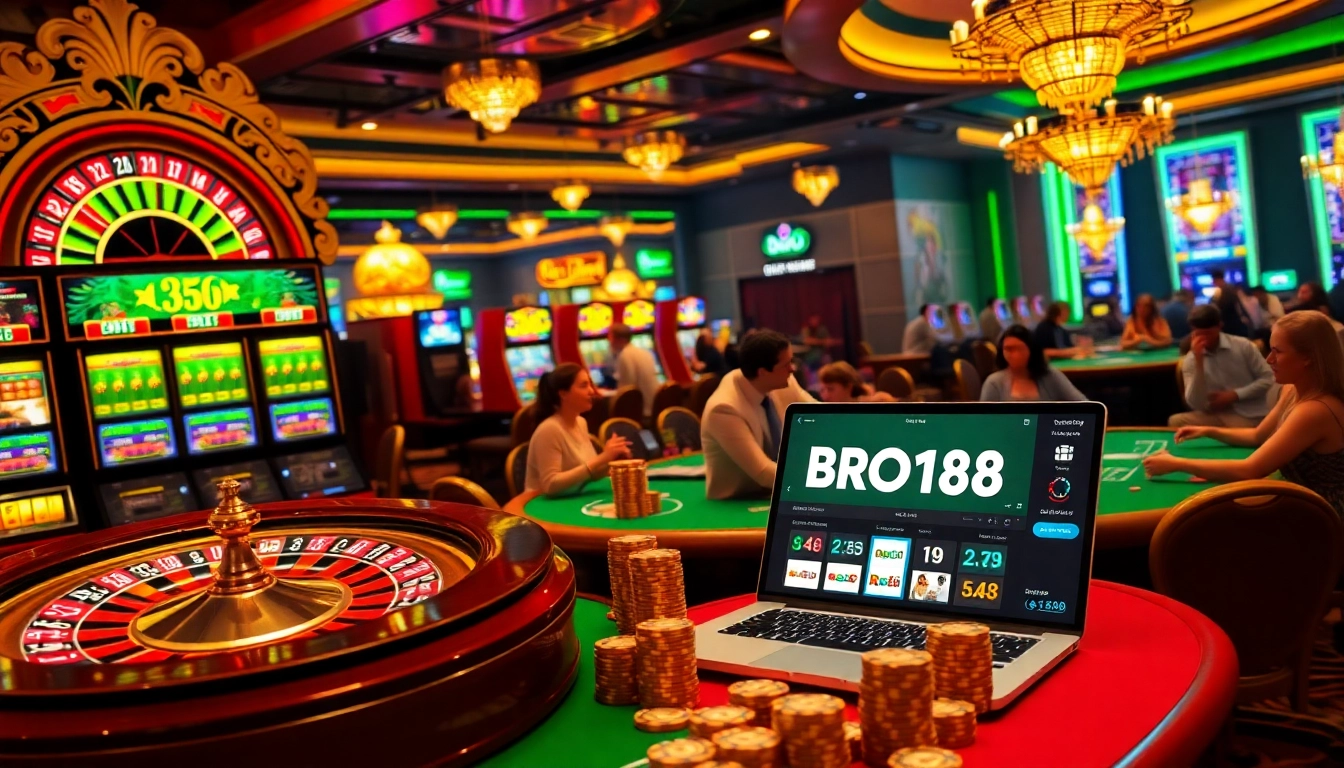 An exhilarating casino scene showcasing players engaging with various games, highlighting BRO138’s vibrant atmosphere and excitement.
