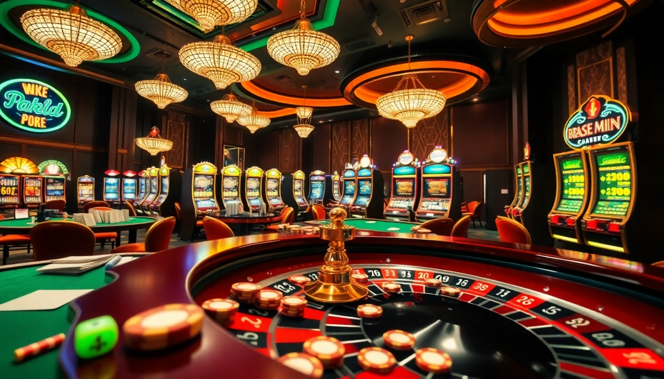 Experience the thrill of gambling at mb66.com with vibrant casino tables and slot machines.