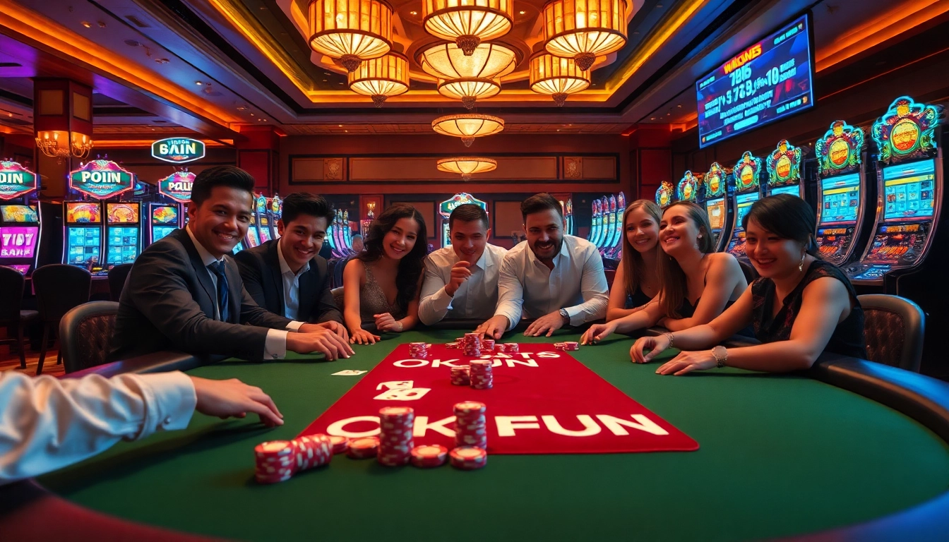 Experience thrilling gameplay at a casino table with OK FUN. Engage in poker surrounded by vibrant slot machines.