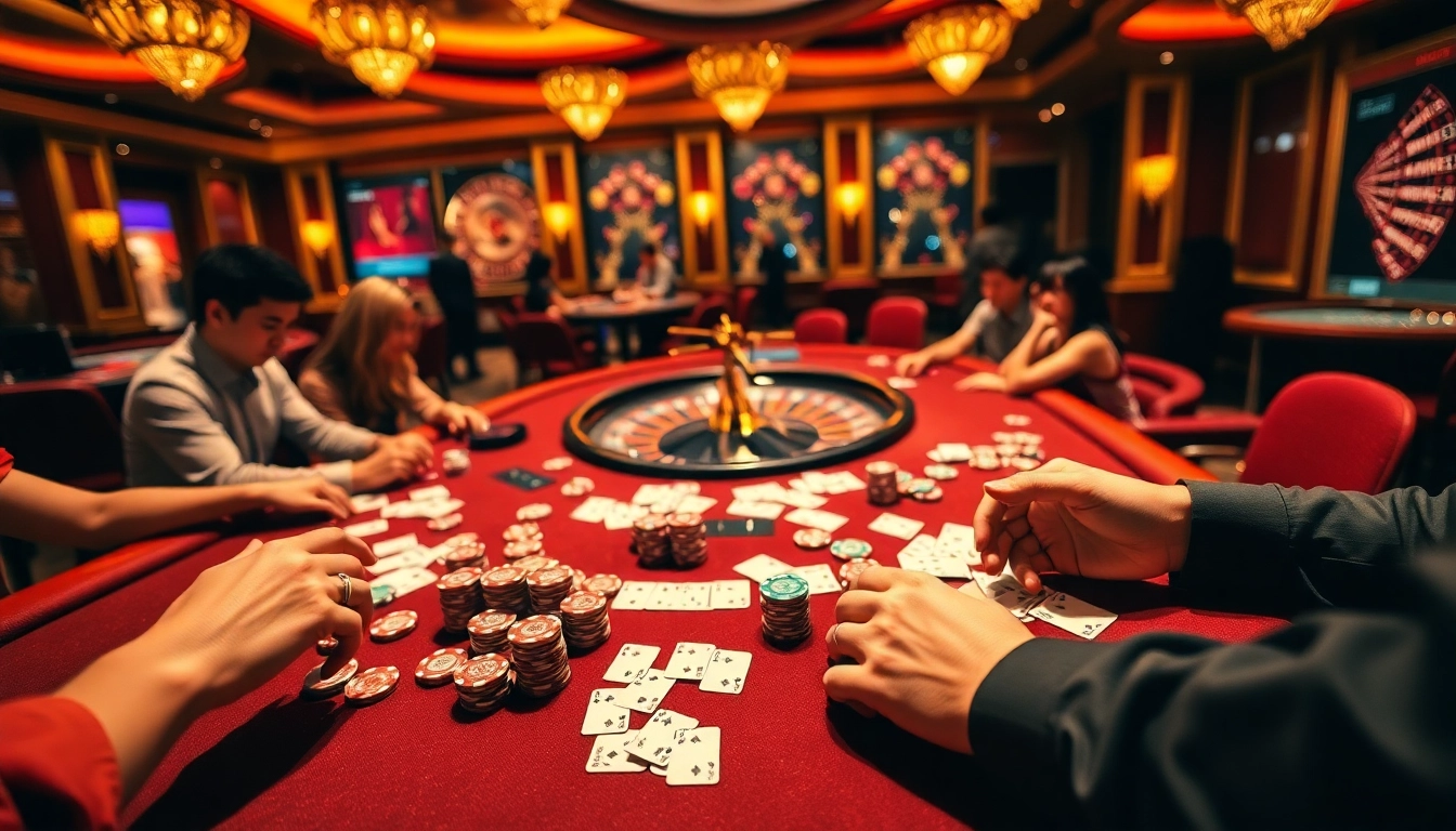 Experience game bài đổi thưởng at a luxurious casino table with vibrant poker chips and cards.