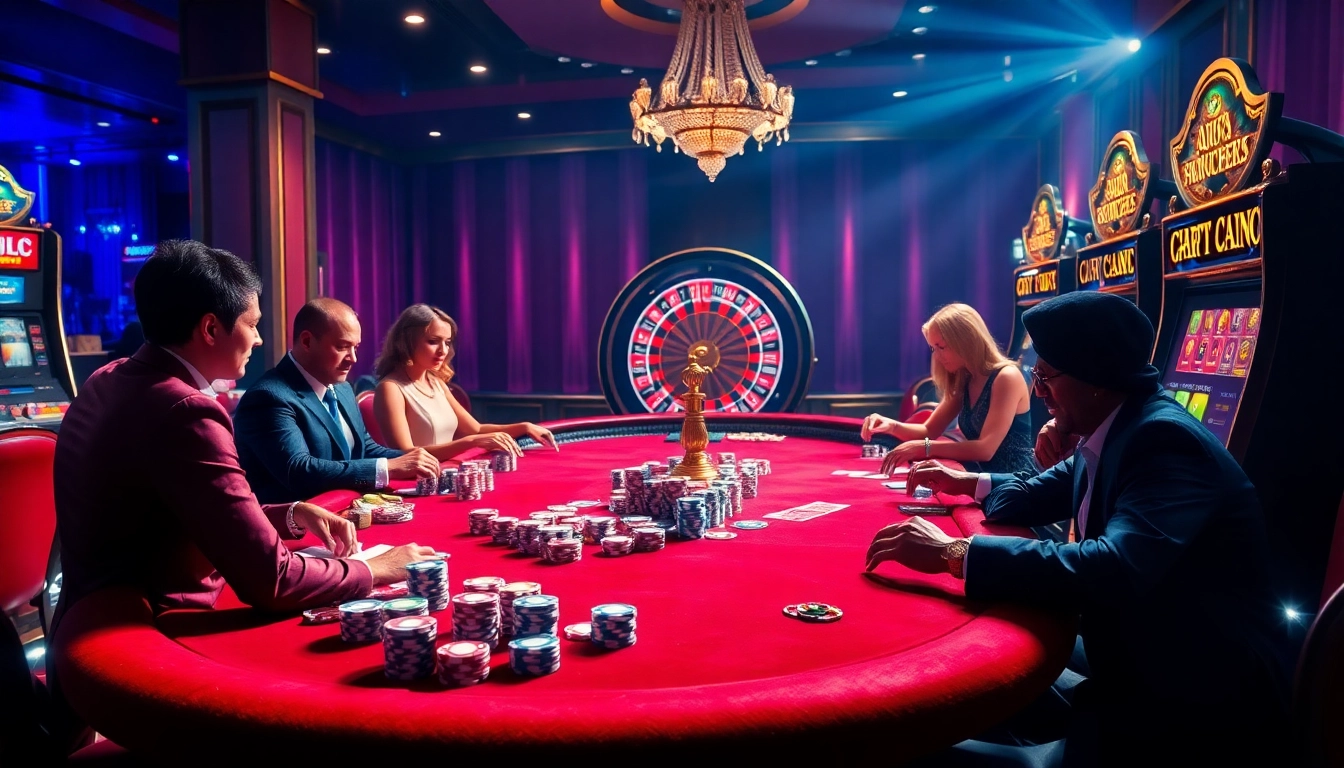 Excited players at a luxurious casino table engaged in a game at http://k88.blue.com/, surrounded by chips and cards.
