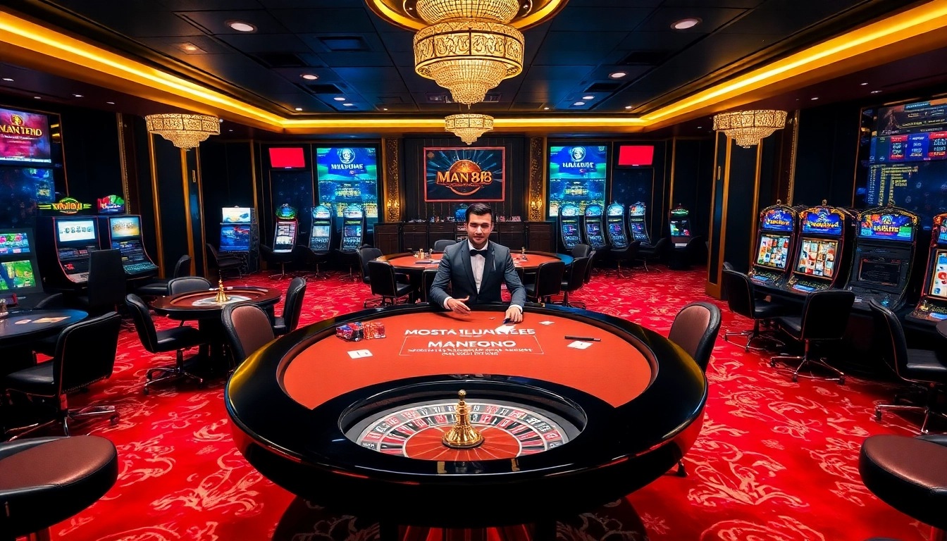 Man88 players enjoying an exciting live dealer game with poker chips and cards in a luxurious casino setting.