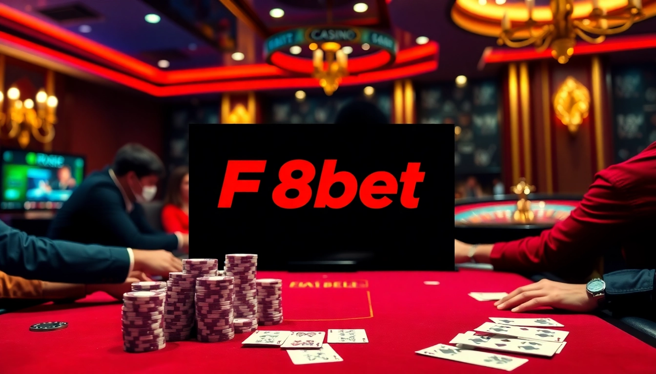 Playing at the F8bet poker table with high-stakes chips and cards under luxury lighting.