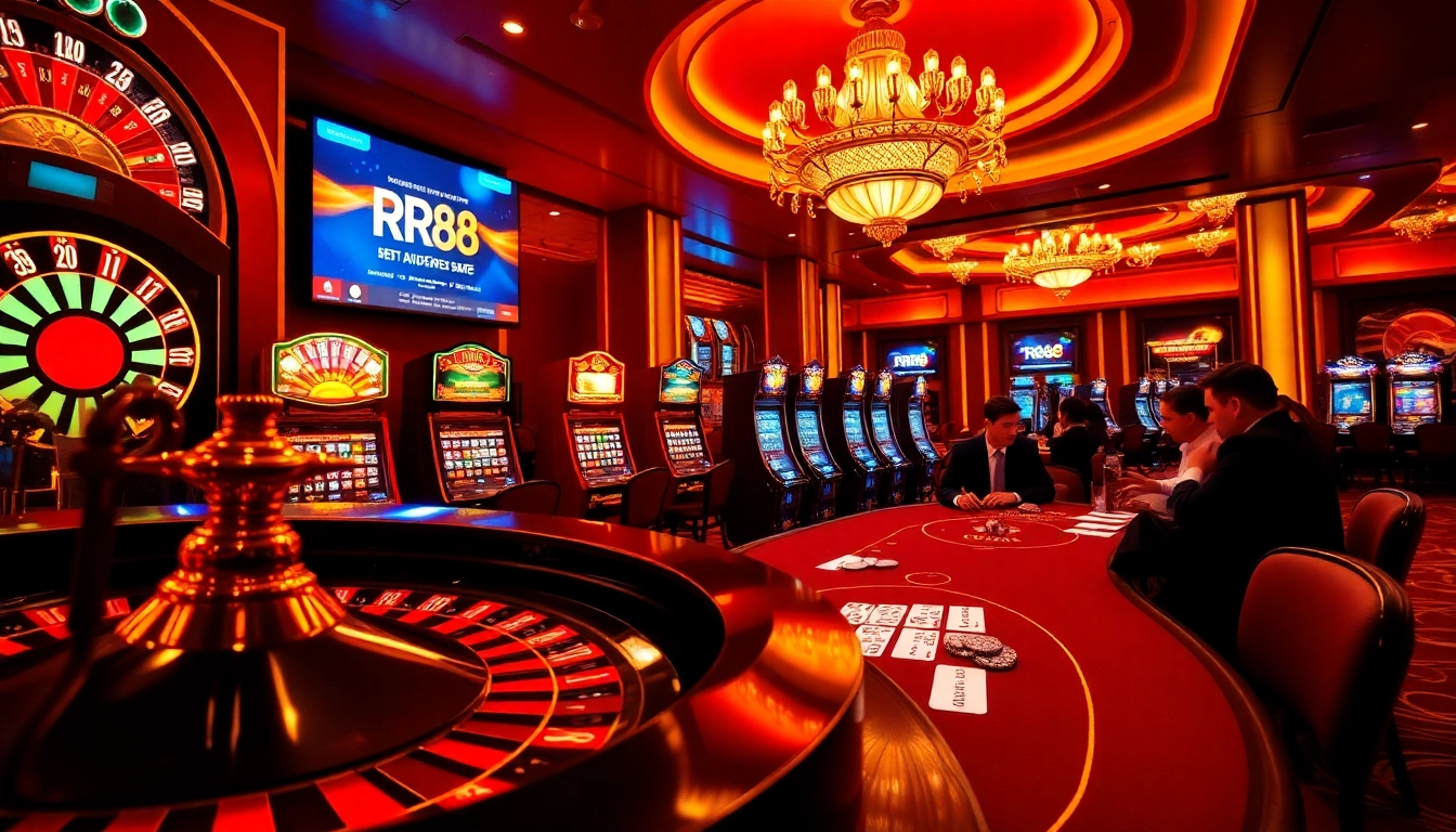 Players engaging with RR88 casino games at a classy gaming table, highlighting excitement and luxury.