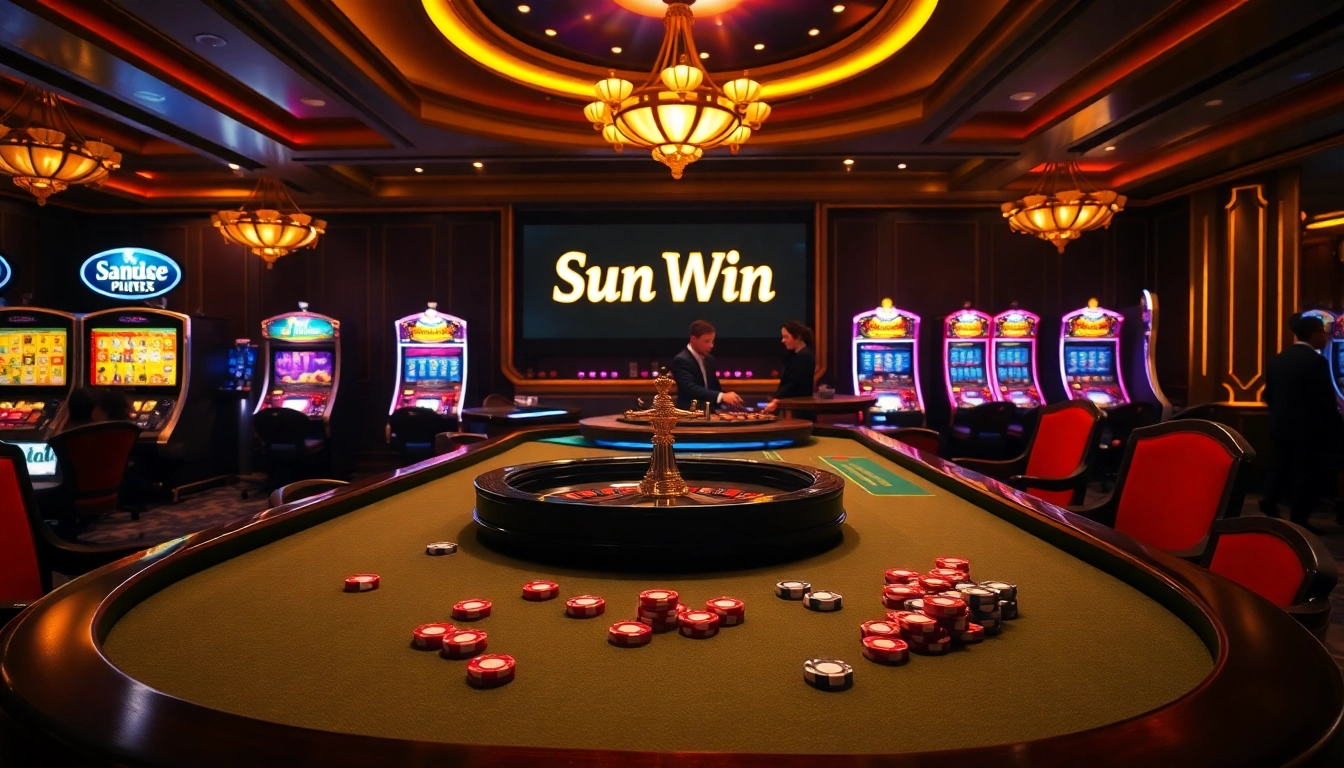 Experience thrilling gameplay at Sun Win's luxurious casino table with poker chips and roulette.