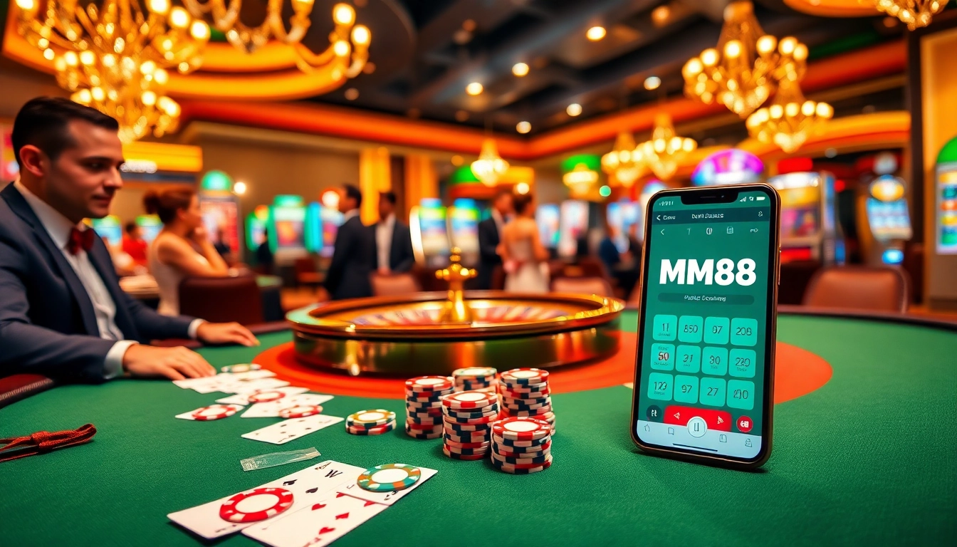 Gambling with MM88 at a luxurious casino, showcasing poker, roulette, and mobile betting.
