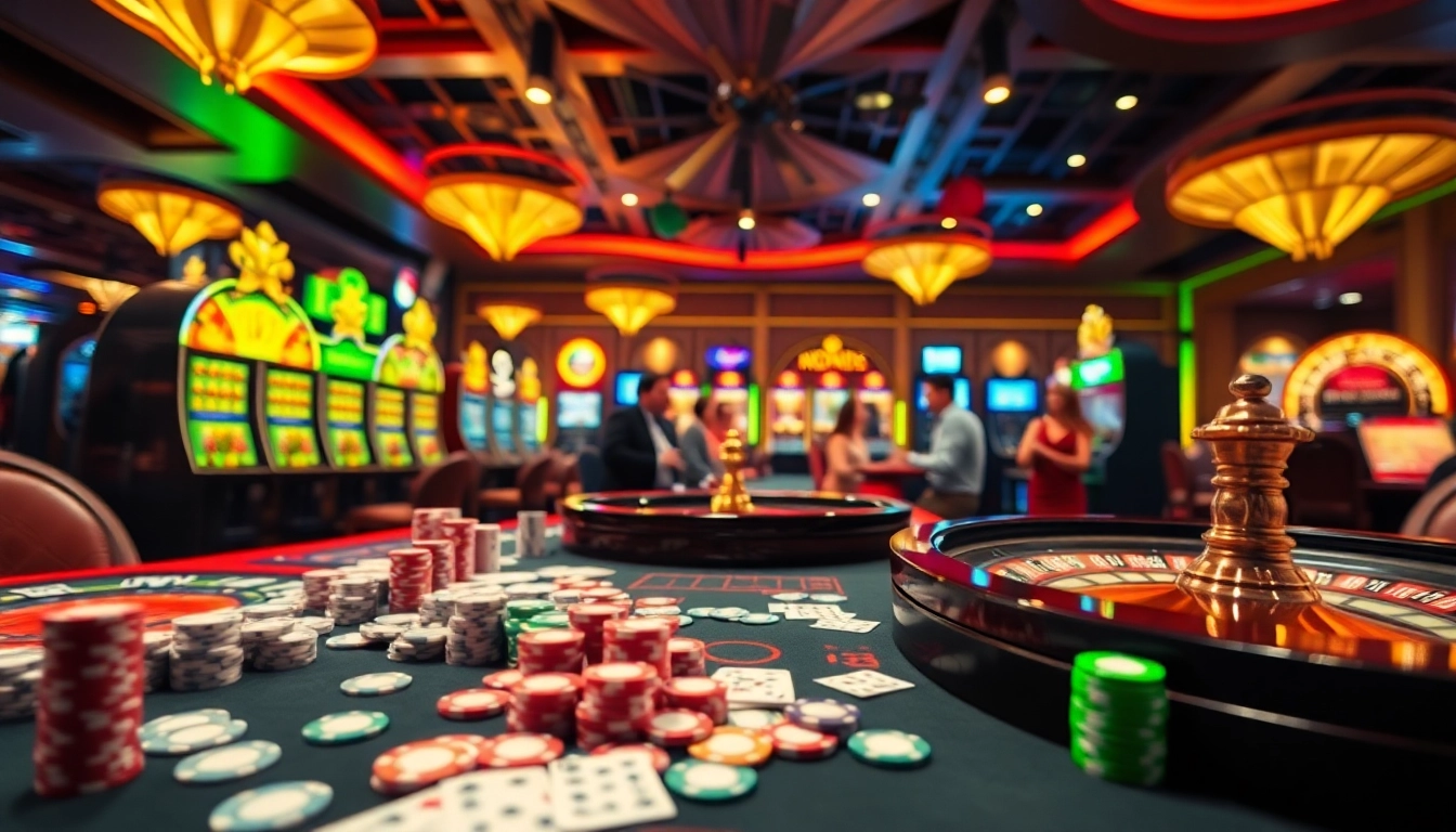 Engaging casino scene with players enjoying games on gilajp platform, showcasing poker chips and slot machines.
