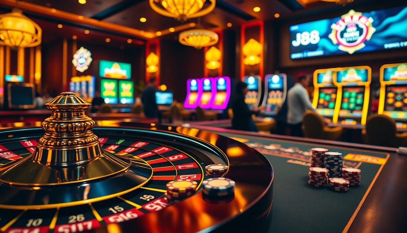 Experience thrilling gameplay at J88 casino with lively poker chips and a vibrant roulette wheel.