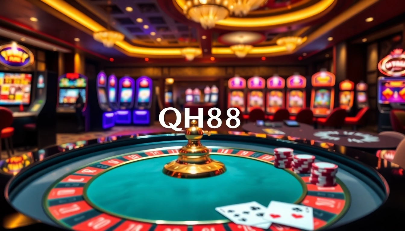 Experience the excitement of QH88 casino with vibrant gaming visuals showcasing roulette and slot machines.