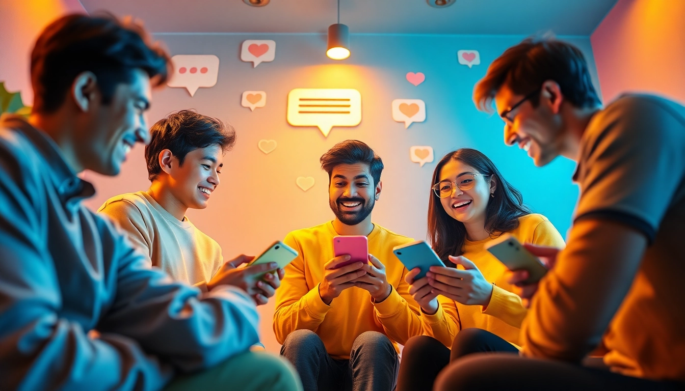 مشهد غرفة دردشة جذاب يمثل شات فله، يعرض شباباً وشابات من خلفيات متنوعة يتواصلون عبر الإنترنت.