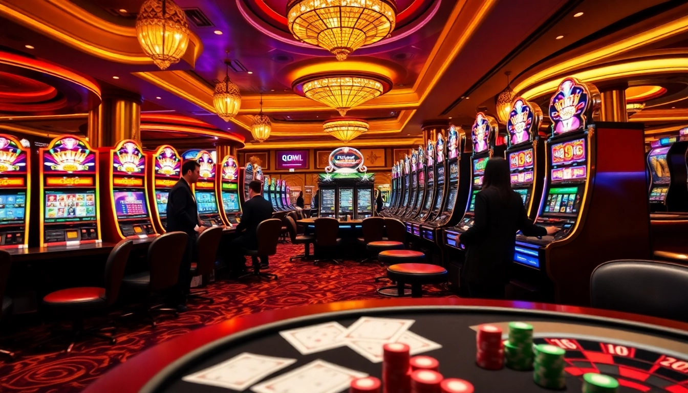 Experience thrilling gameplay at qqmacan with players immersed in vibrant slot machines and casino excitement.