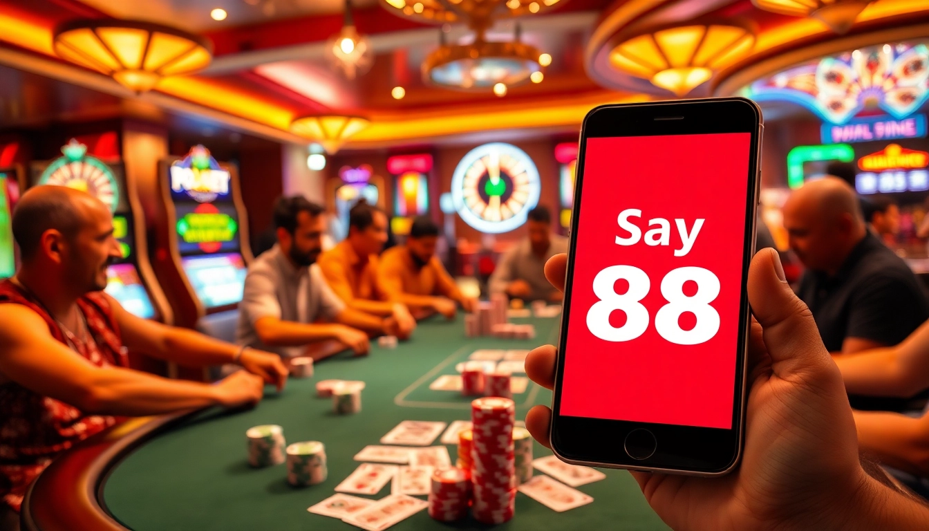 Winning at poker in a luxurious casino setting with Say 88 prominently featured on a smartphone.
