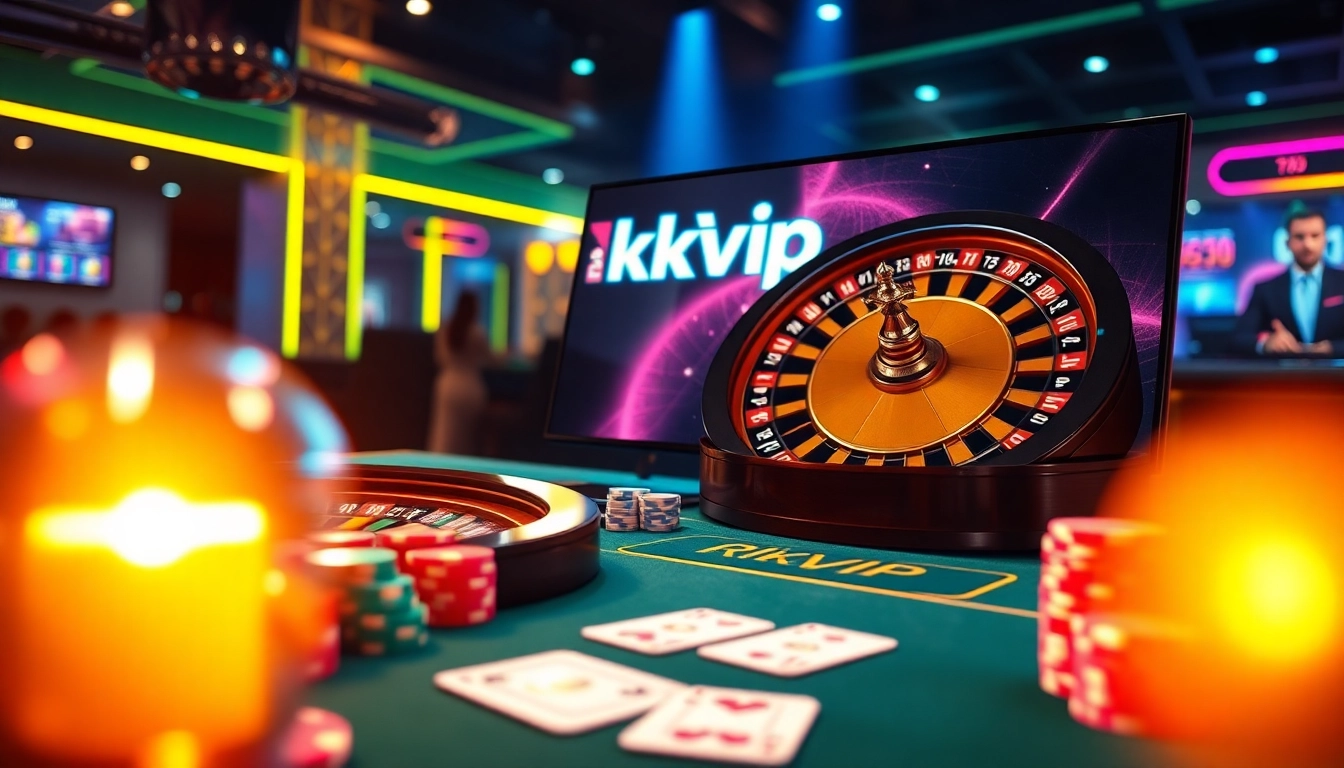 Engaging scene of online gambling at Rikvip with vibrant chips, cards, and a roulette wheel.