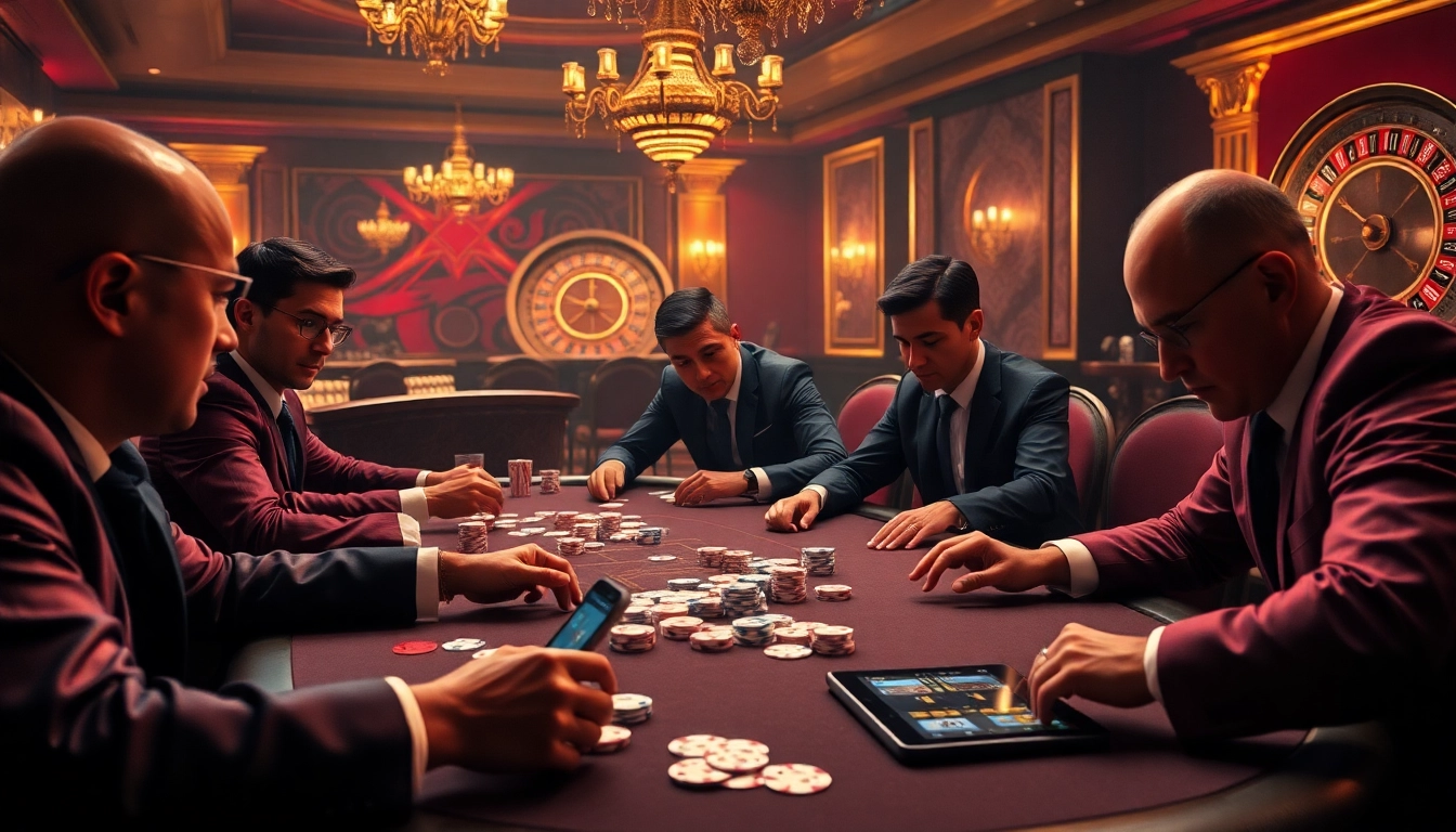 Professional gamblers at a luxurious table strategizing their moves with https://c168.voto/ betting interface visible.
