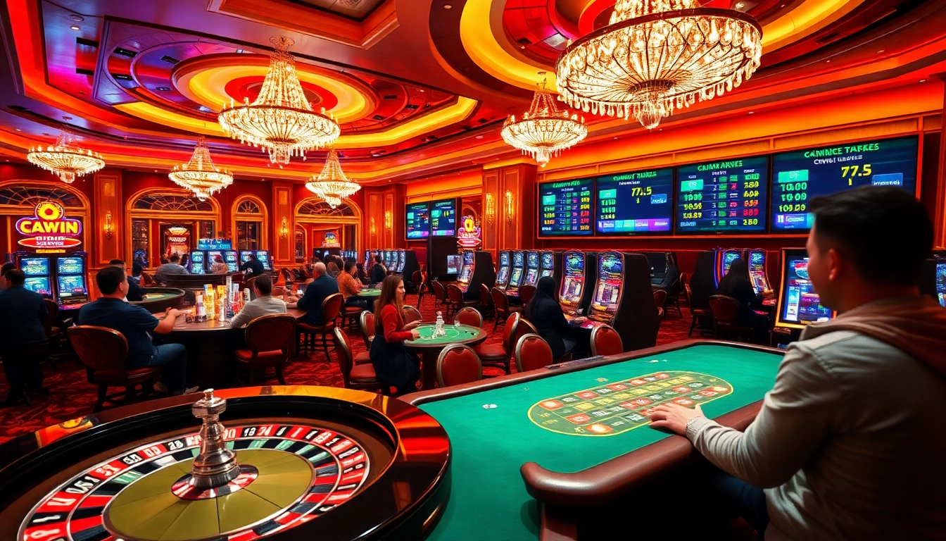 Players enjoying high-stakes games at KUWIN's luxurious casino, featuring poker and roulette.