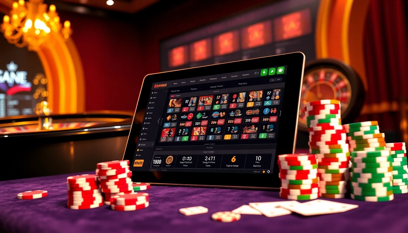 Bem88 showcases a luxurious casino experience with tablets, poker chips, and roulette highlights.