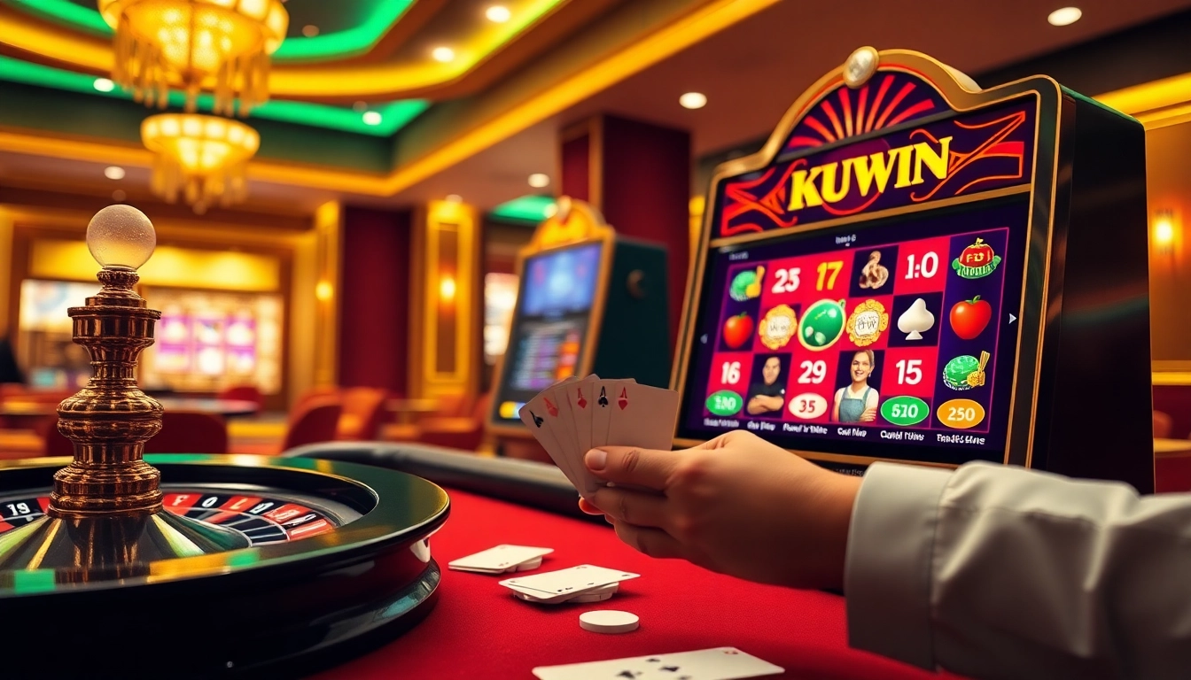 Kuwin online casino scene with vibrant gaming elements, showcasing roulette and poker.