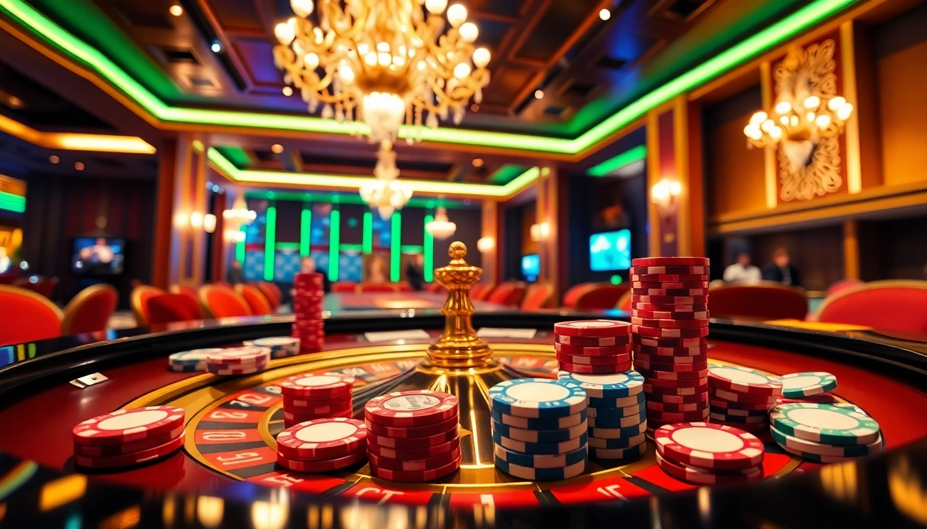Experience the excitement of gambling at https://go8.live/ with a vibrant casino scene showcasing roulette and poker.
