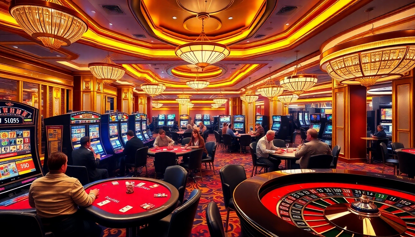 Experience the excitement of kk win at a luxurious casino with vibrant gaming tables and slot machines.