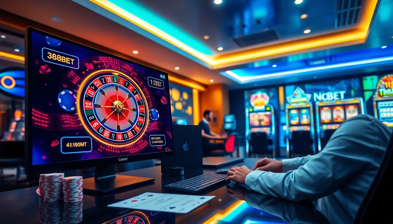 Experience the thrill of 388bet with vibrant casino elements, from roulette wheels to digital slots.