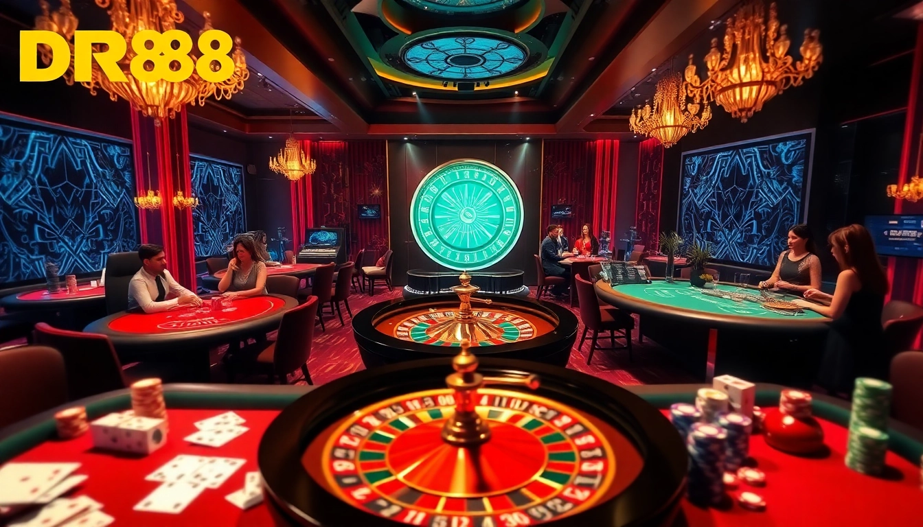 Experience the vibrant atmosphere at DR88 casino with players engaging in thrilling table games and roulette.