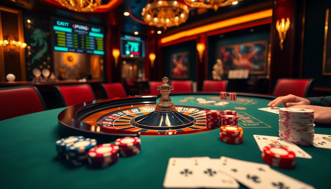 Experience excitement at the 79king casino with vibrant poker chips and a roulette wheel.