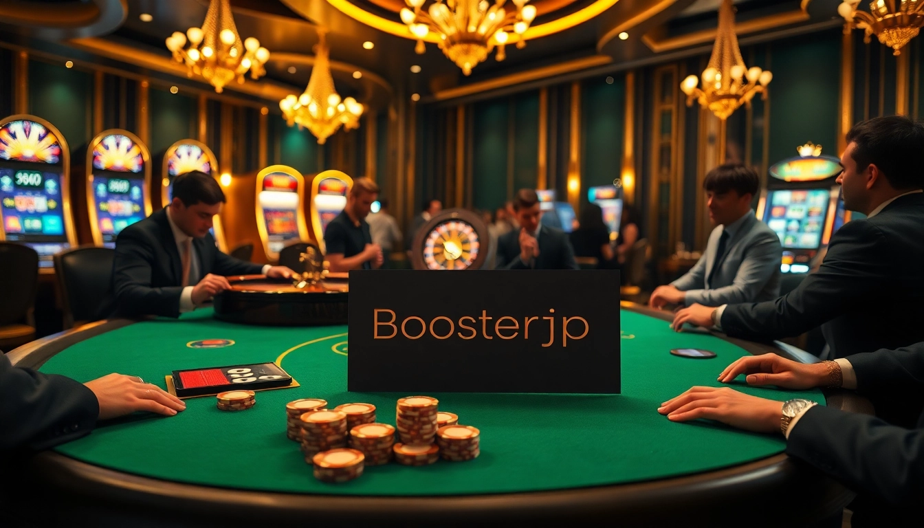 Gamblers enjoying a high-stakes game at a casino table with Boosterjp betting slips visible.