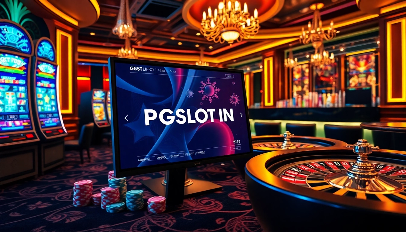 Experience high-stakes excitement at PGSLOT IN with vibrant slot machines and chips.