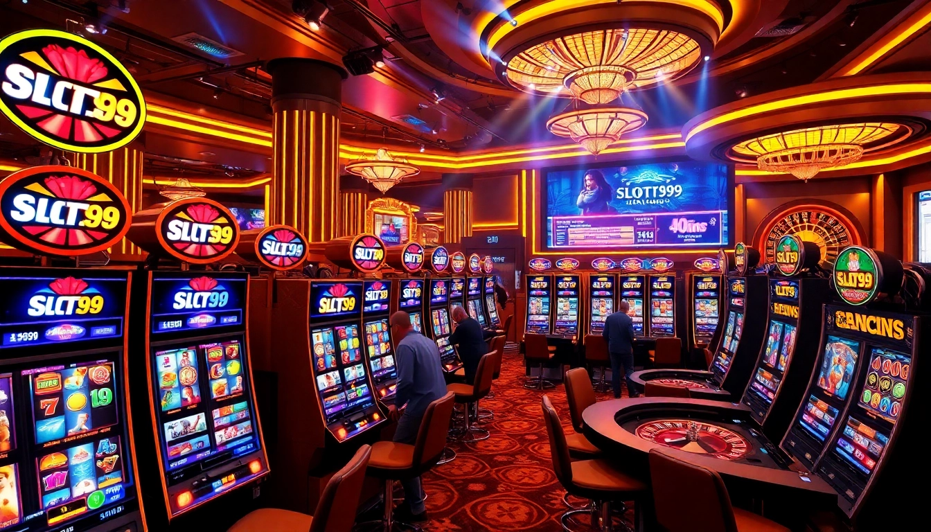 SLOT99 players enjoying vibrant slot machines in a luxurious casino atmosphere