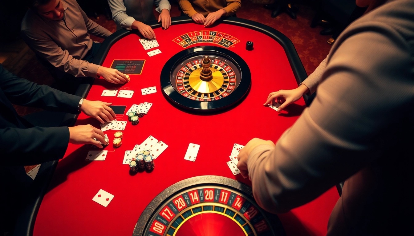 A thrilling game bài scene at a luxurious casino with poker chips and cards on the table.