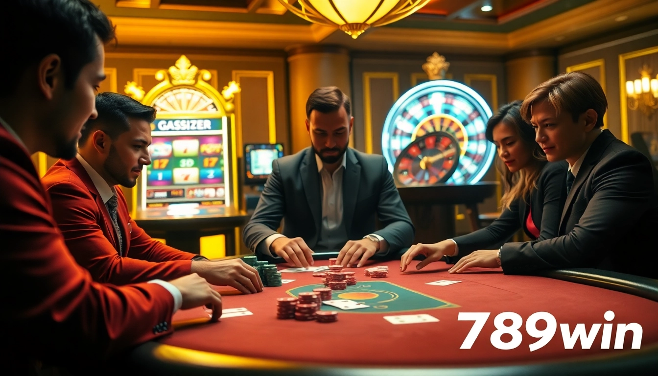 Players enjoying a thrilling poker game at 789win's luxurious casino table with vibrant chips and cards.
