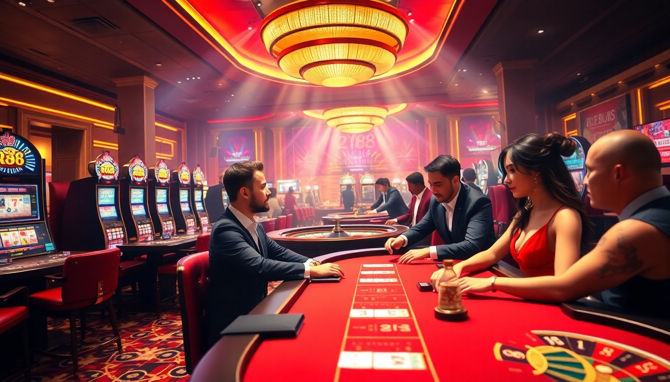 RR88 Casino: Players strategizing at a vibrant poker table in a luxurious gambling atmosphere.