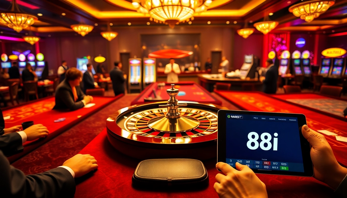 Engaged players at 88i casino tables placing bets amidst vibrant slot machines.