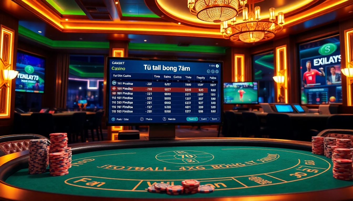 Tỷ lệ bóng đá 7m displayed on elegant casino screens with poker chips and a vibrant atmosphere.