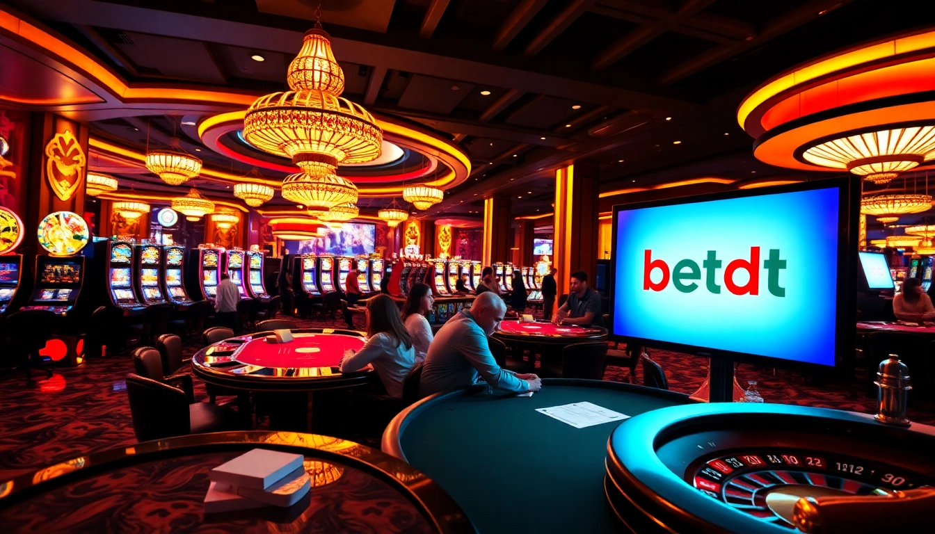 A lively casino scene with players focused on a poker game at betbdt.art, showcasing colorful chips and gaming excitement.