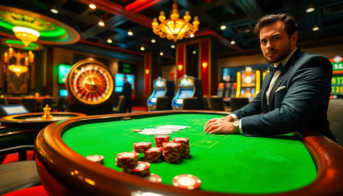 Exciting dn88 gambling scene featuring poker chips, cards, and a roulette wheel.