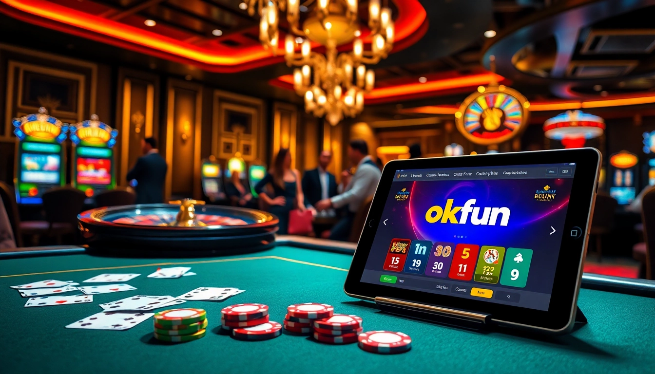 Experience thrilling gaming action at a luxurious casino featuring okfun and vibrant slot machines.