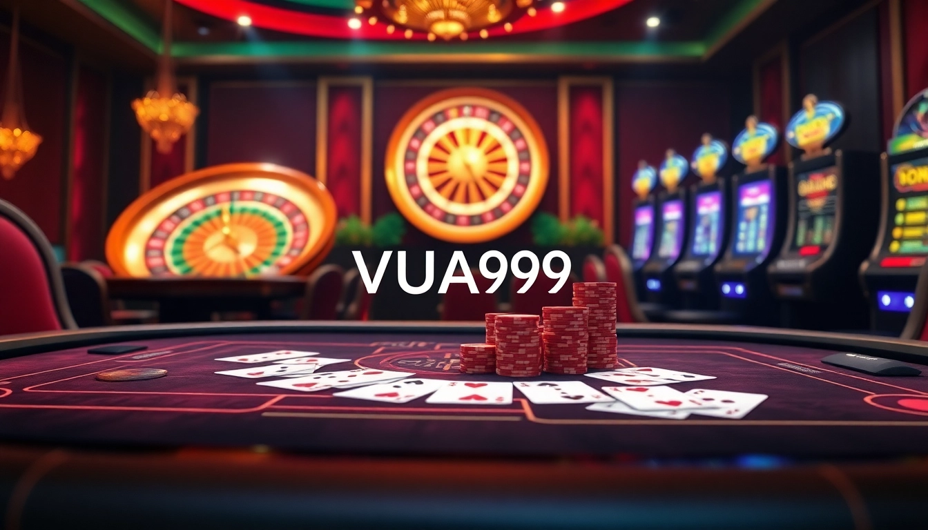 VUA99 online gambling interface with casino elements like poker chips and roulette wheel.