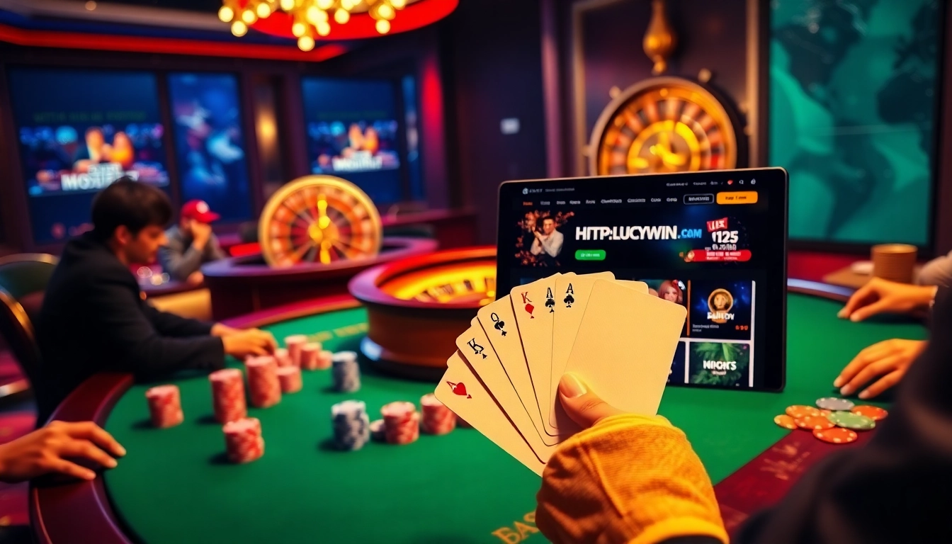 Experience the excitement of online gambling at https://luckywin.name with a dynamic poker table and roulette wheel.