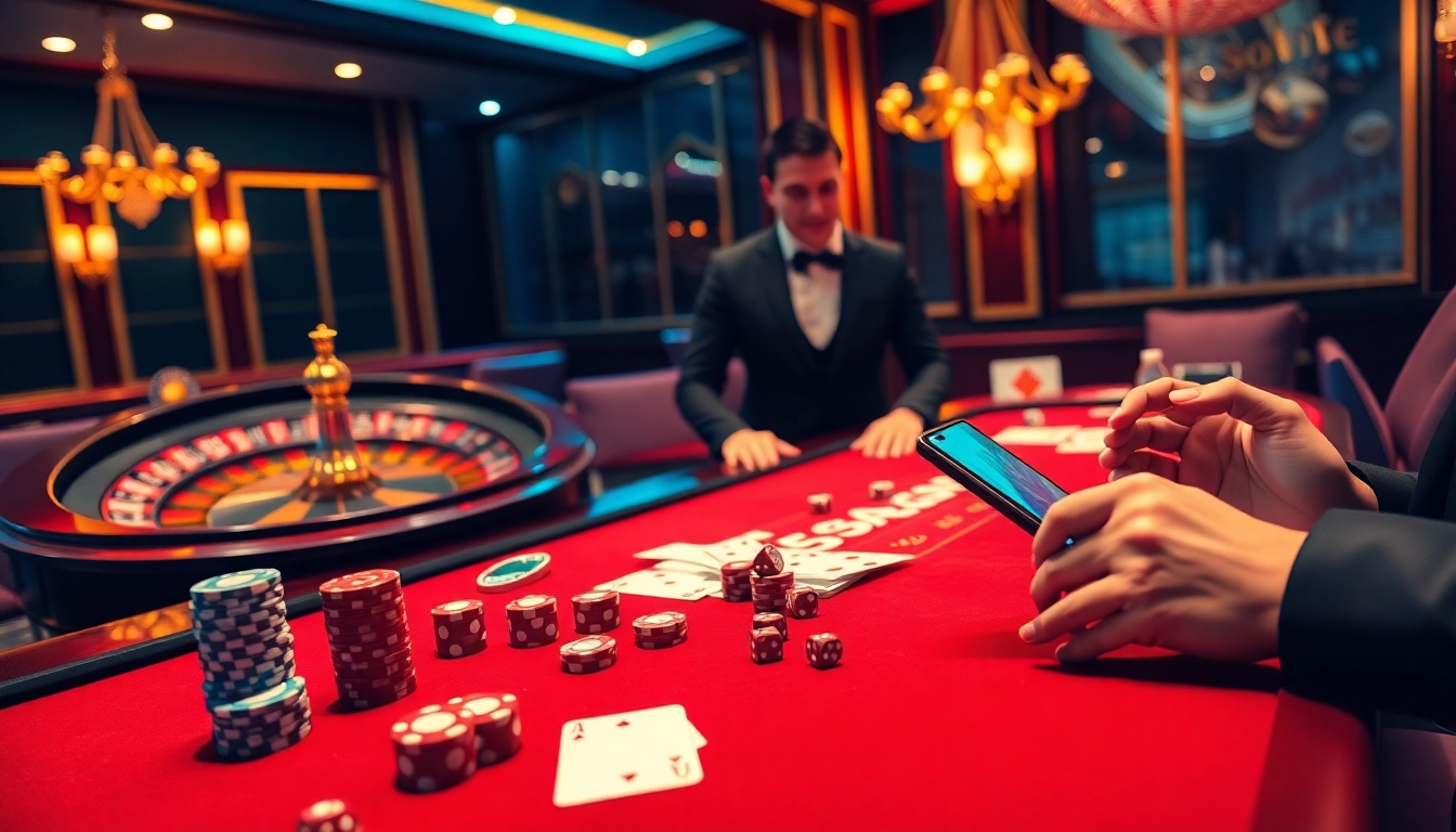Experience the thrill of SOIBET as players engage with casino games featuring poker chips and a spinning roulette wheel.