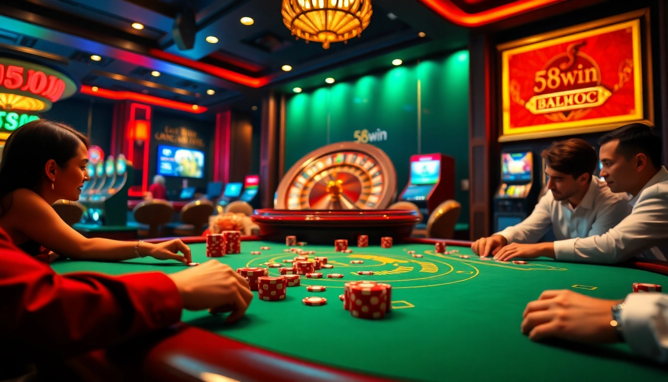 Experience the excitement of 58win with colorful poker chips on a vibrant casino table.