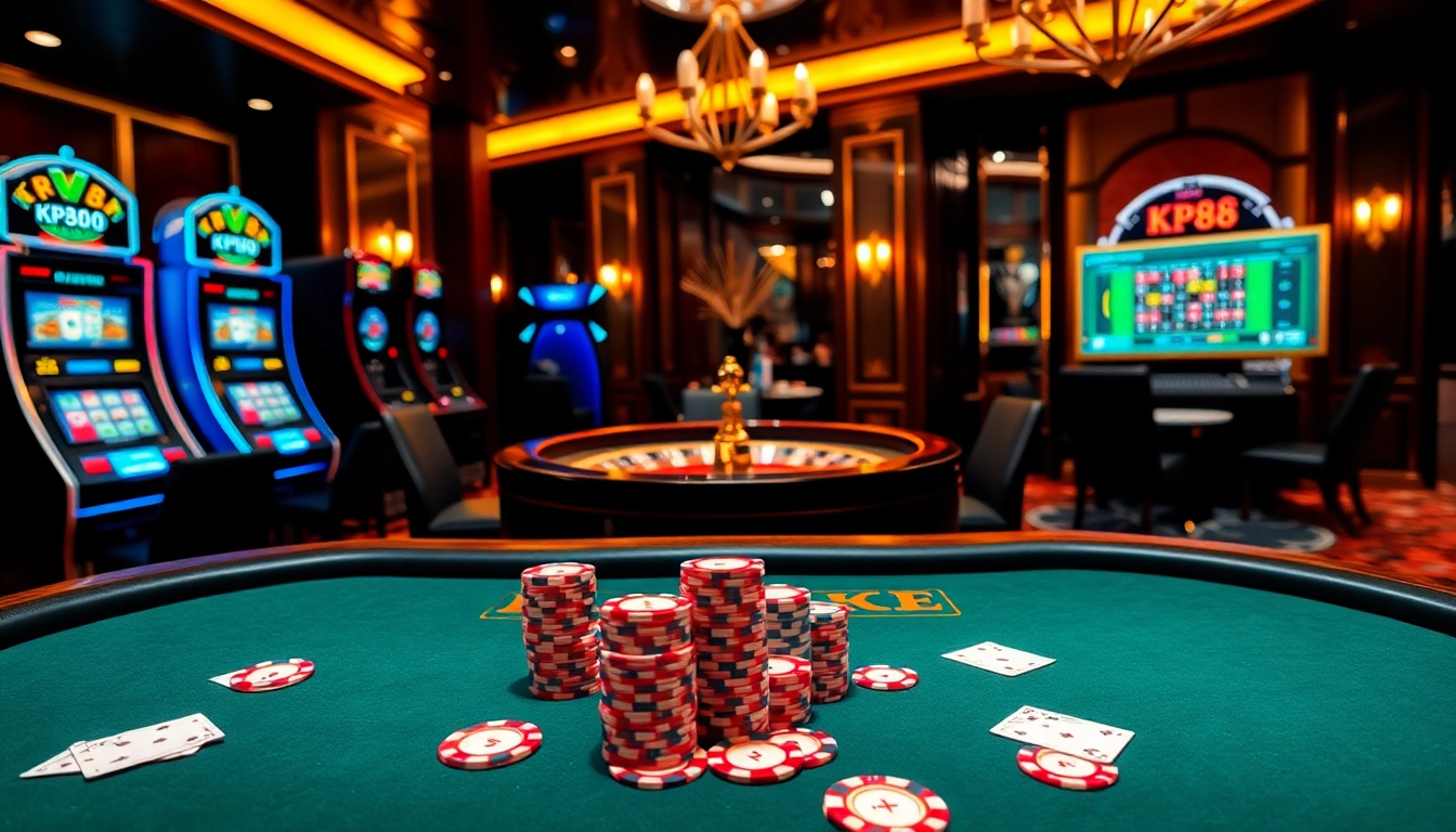 KP88 casino scene with poker table, vibrant chips, and high-end slot machines.